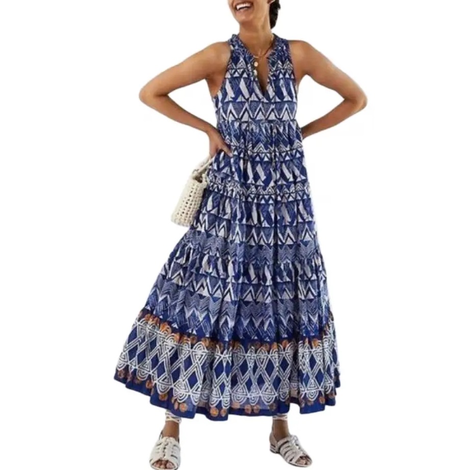 Anthropologie Diaz Tiered Abstract Maxi Dress Boho Blue White Print Women's M